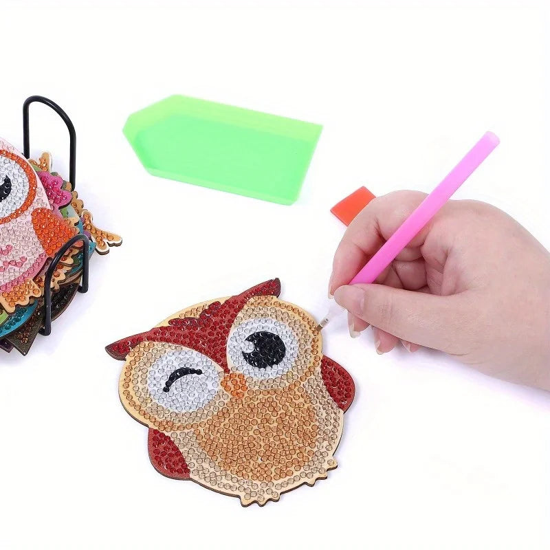 DIY Diamond Art Owl Coasters Set 10pcs with Holder | Wood Diamond Painting Kit Babs
