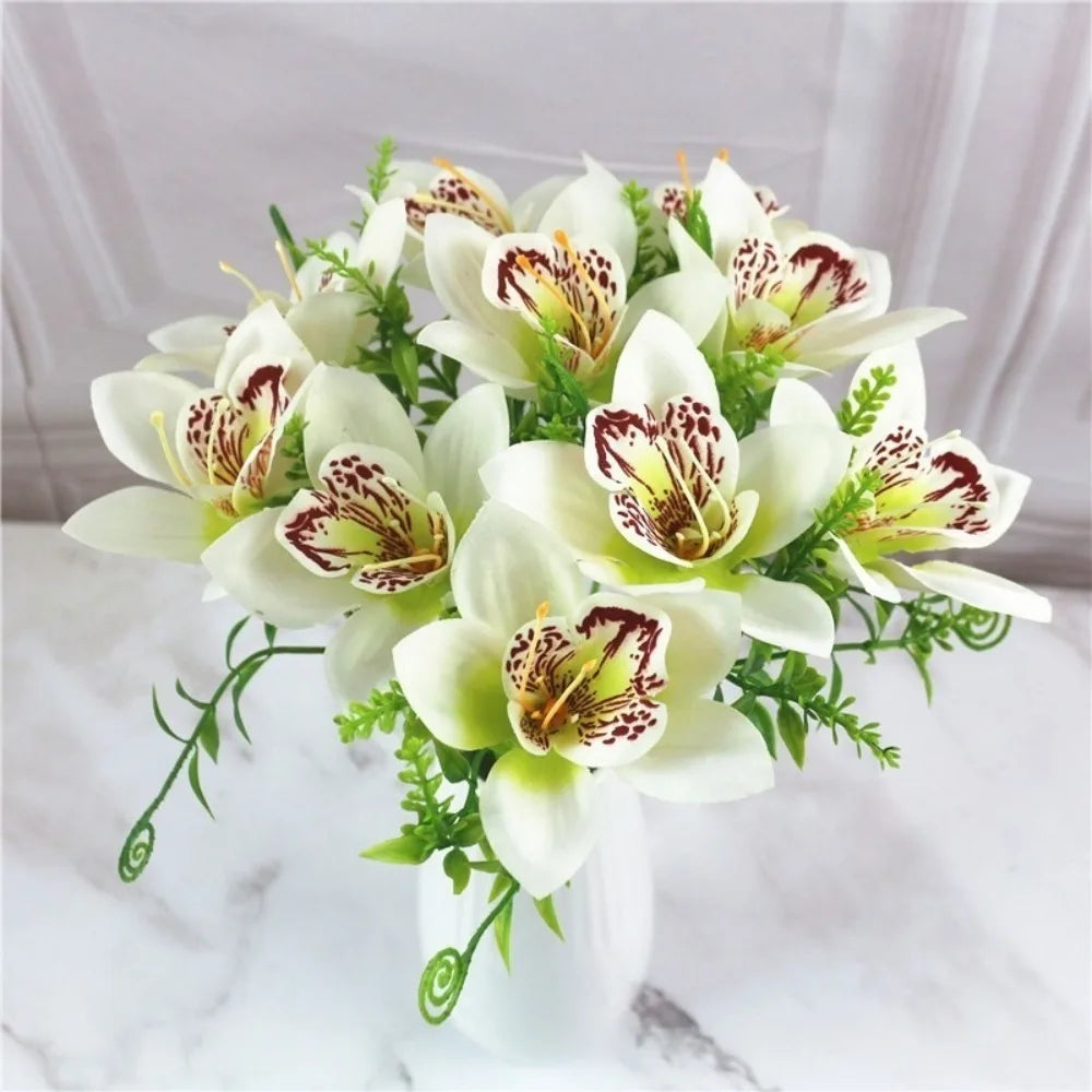 35cm Silk Orchid Artificial Flower Bouquet – Wedding & Home Decor Artificial Flower Bouquet Babs White 10Pcs
