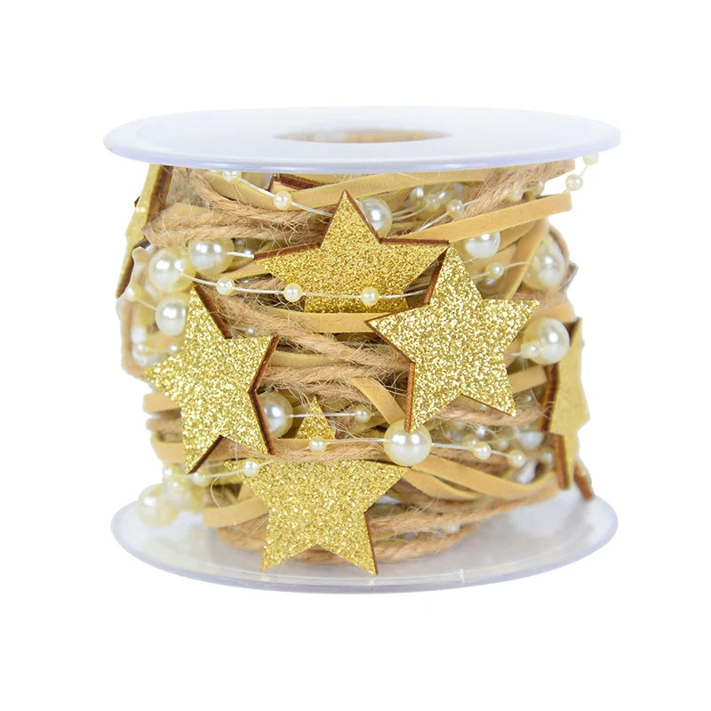 Christmas Star Bead Chain Ribbon 1M/2M – Xmas Tree & Gift Wrap Christmas Ribbon Decoration Babs Gold 1M
