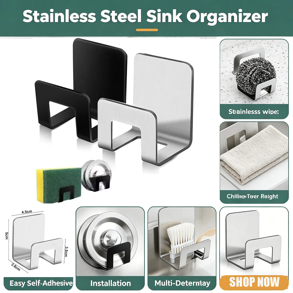 Stainless Steel Sponge Holder Self-Adhesive Kitchen Sink Rack Kitchen Sink Organizer Babs