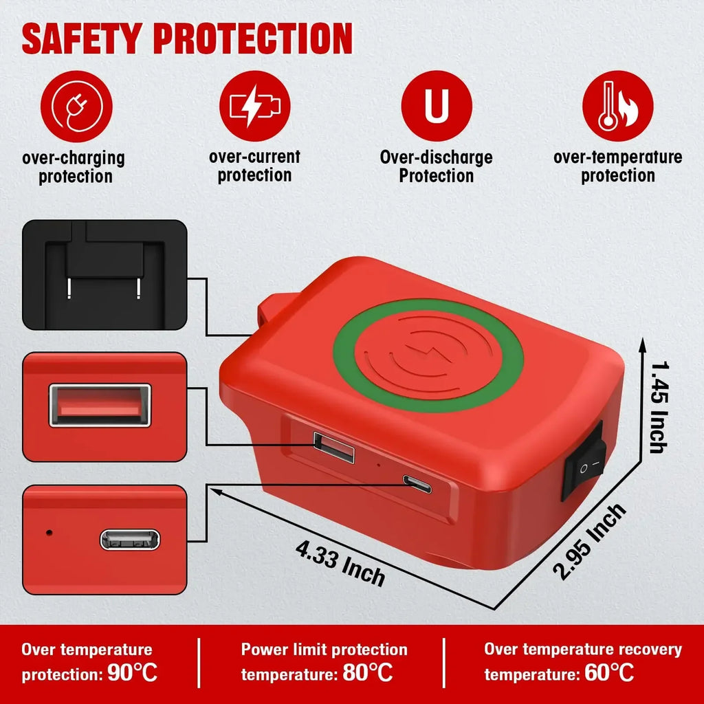 Milwaukee 18V Battery USB-C & Wireless Charger Adapter Battery Charger Adapter Babs