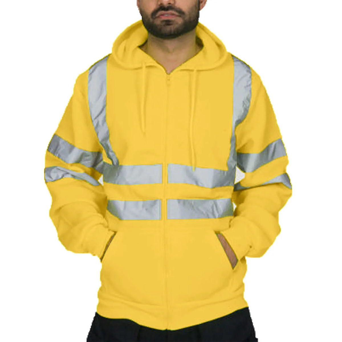 Men's Reflective Strip Hoodie – Long Sleeve Zipper Sweatshirt Men's Hoodie Sweatshirt Babs Yellow XXXL