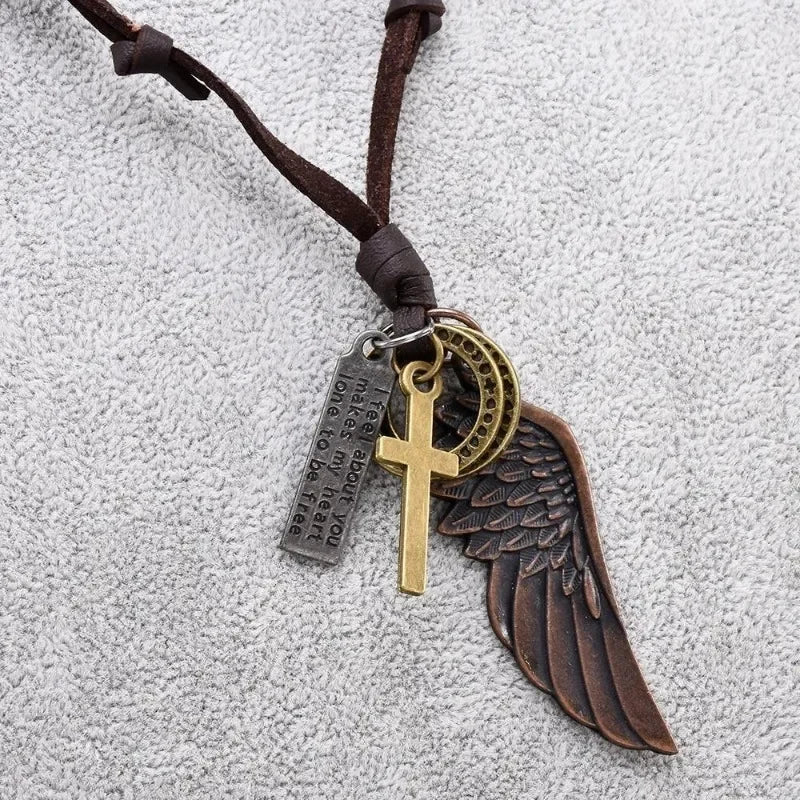 Vintage Leather Feather Pendant Necklace – Unisex Jewelry Pendant Necklace Babs