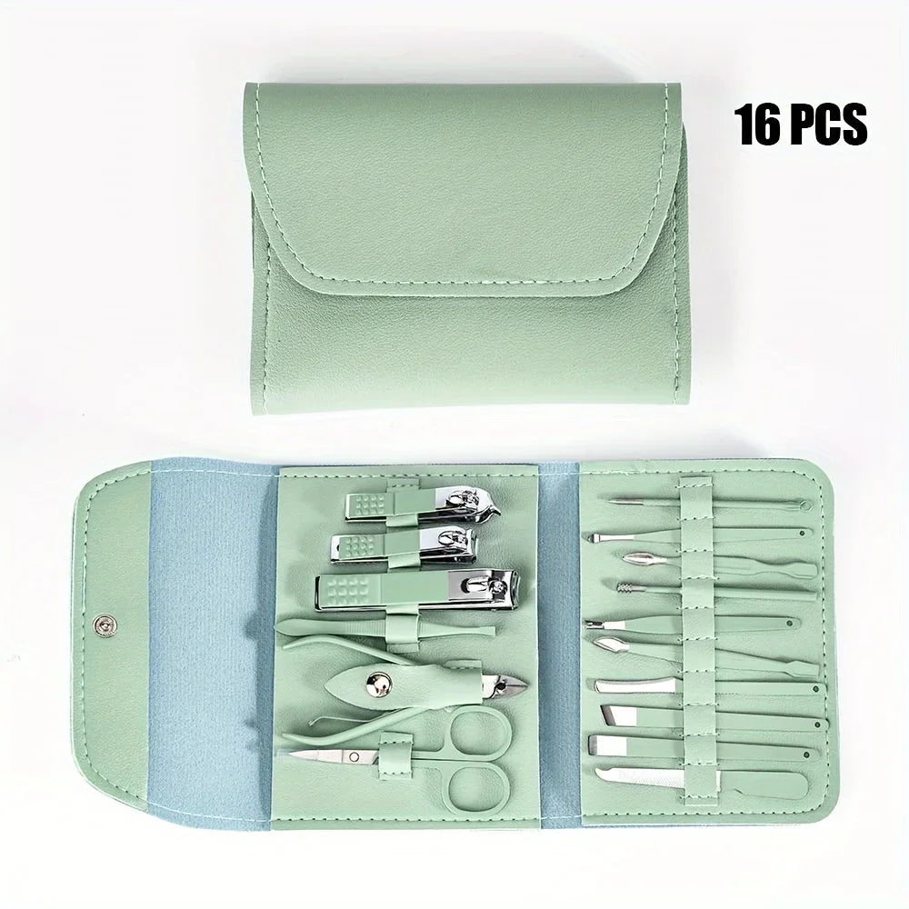16-Piece Manicure Set – Carbon Steel Nail Tools with Travel Case Manicure Tool Set Babs 16 pieces green