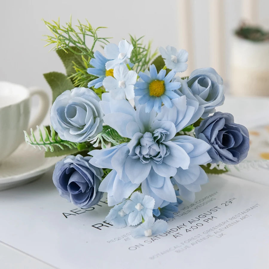 Artificial Dahlia Rose Silk Bouquet – Wedding & Home Décor Artificial Flower Bouquet Babs Blue 1 pc