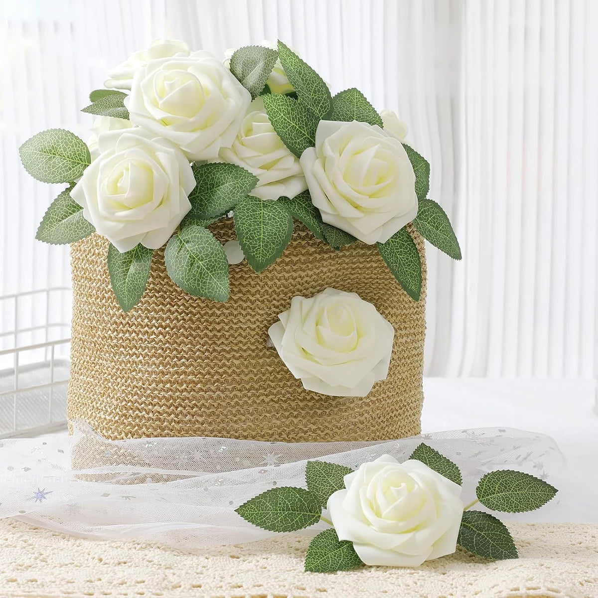 50Pcs Artificial Rose Flower Heads with Stems – Wedding & Home Decor Artificial Flower Stems Babs