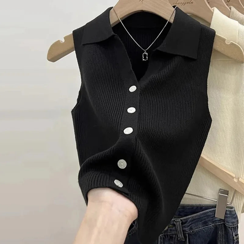 Women's Polo Collar Knit Vest – Slim Fit Sleeveless Button-Up Knit Vest Top Babs