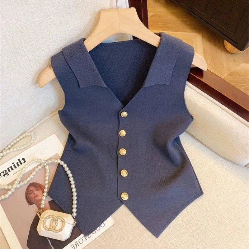Women's V-Neck Gold Buckle Knit Vest – Slim Fit Summer Top Knit Vest Top Babs Blue One Size
