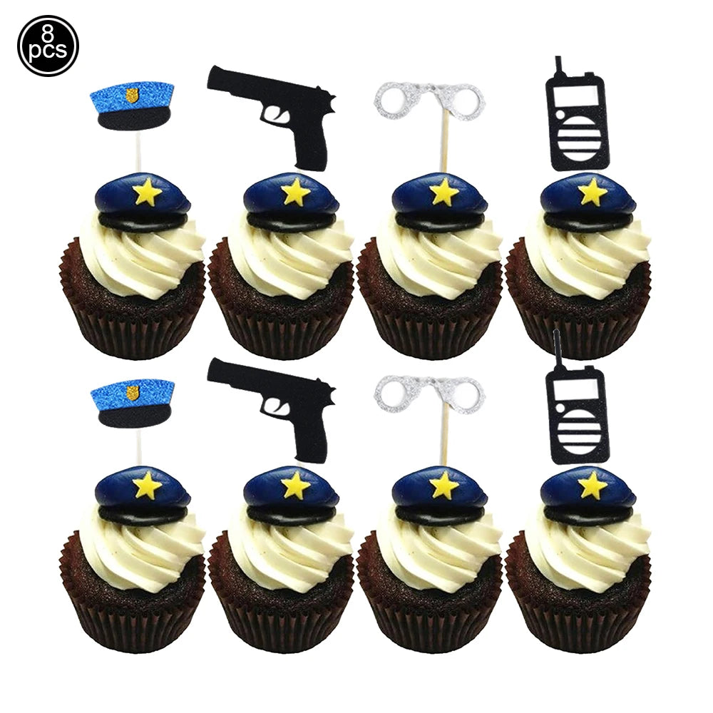 Police Theme Kids Party Supplies – Plates, Cups & Balloons Set Party Supply Set Babs 8pcs cake topper As pictures show