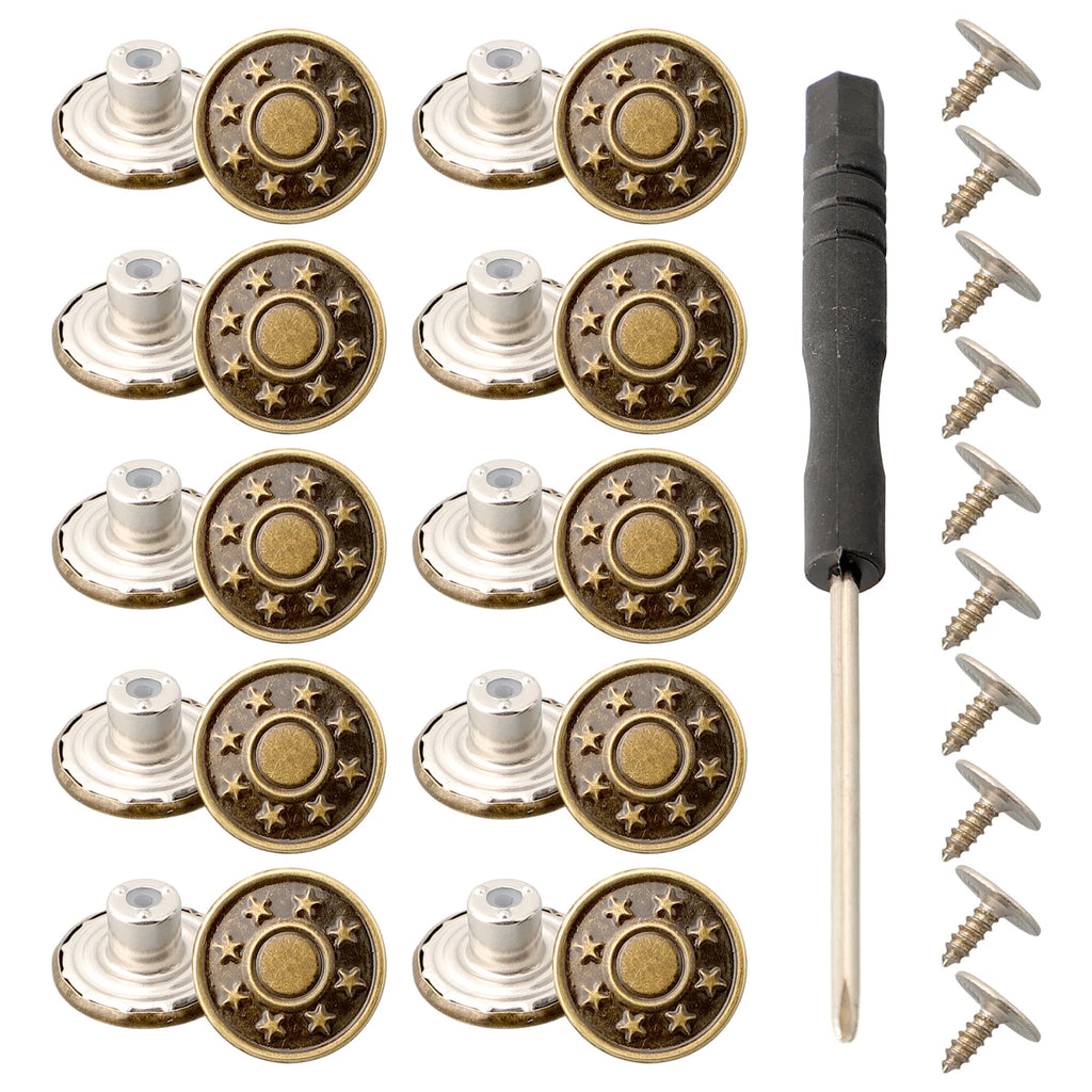 10PCS Metal Jeans Buttons 17mm No-Sew Screw Replacement Kit Jeans Button Repair Kit Babs H