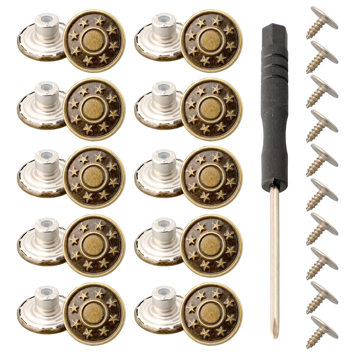 10PCS Metal Jeans Buttons 17mm No-Sew Screw Replacement Kit Jeans Button Repair Kit Babs H