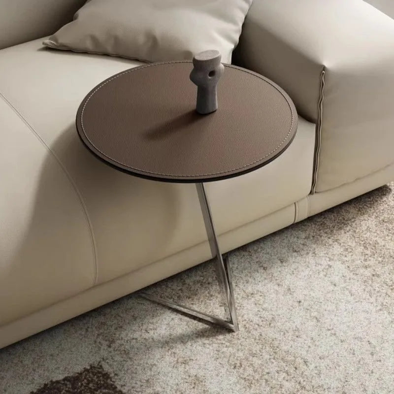 Round Minimalist Coffee Table – Stainless Steel & Leather Side Table Coffee Side Table Babs Brown