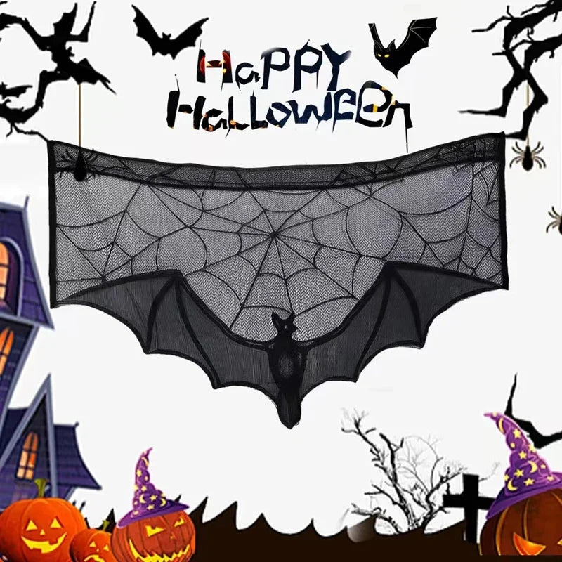Halloween Black Lace Bat Spider Curtain Tablecloth Fireplace Scarf Halloween Lace Décor Babs