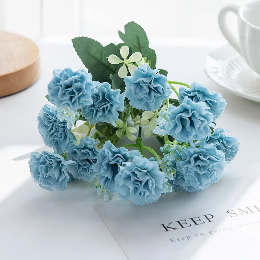 Silk Artificial Carnation Bouquet – 5 Forks 15 Heads Wedding Décor Artificial Flower Bouquet Babs Blue 5 pcs