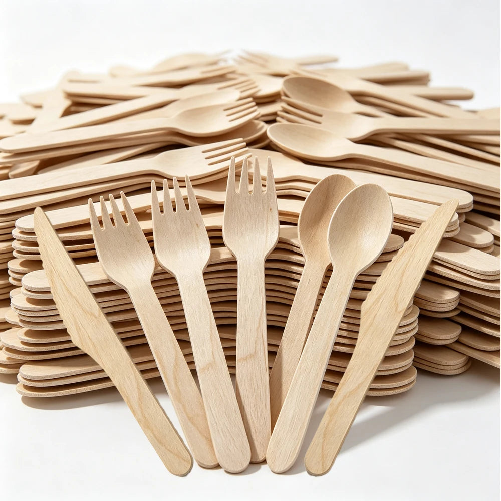 Disposable Wooden Cutlery Set 60/120/360 Pcs – Knife Fork Spoon Disposable Cutlery Set Babs