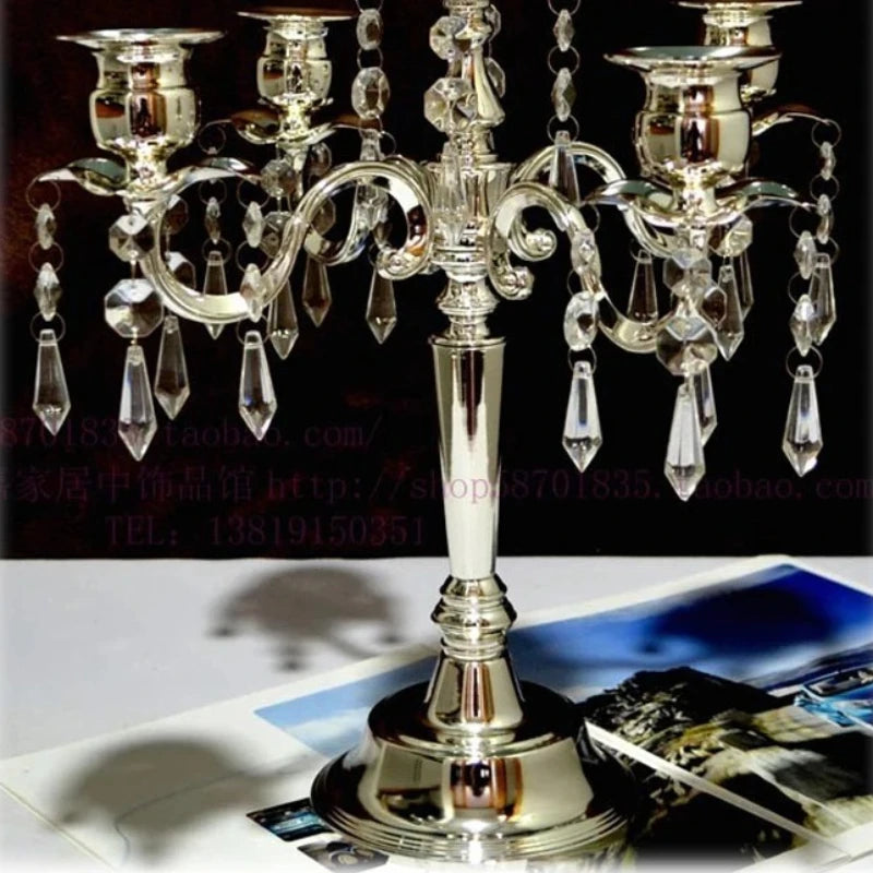Silver 5-Arm Crystal Candelabra – Elegant Table Centerpiece Candelabra Holder Babs