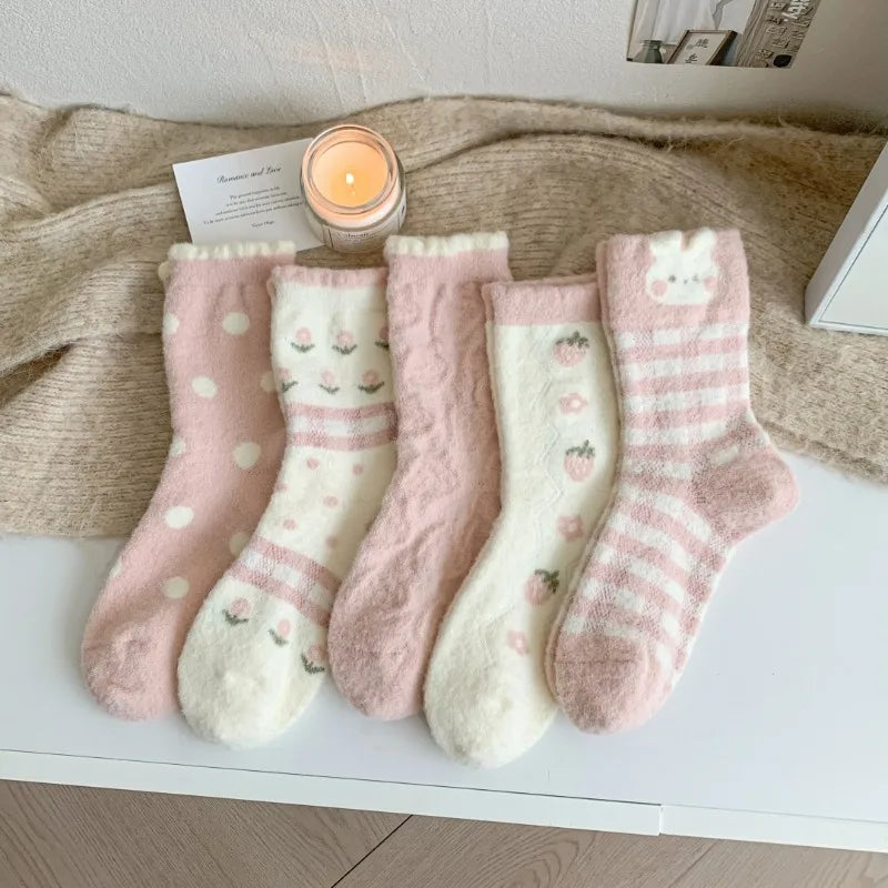 Women's Thick Pink Strawberry Cozy Home Socks – Soft & Warm Casual Cozy Socks Babs