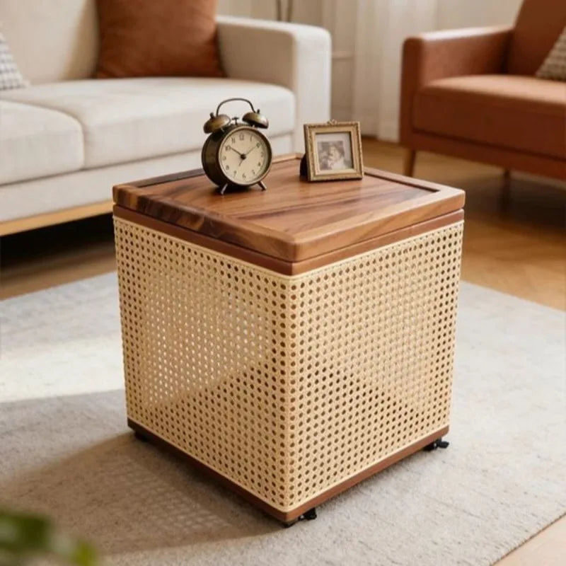 Modern Rattan Side Table – Walnut Wood, 40x40x43.5cm Rattan Side Table Babs