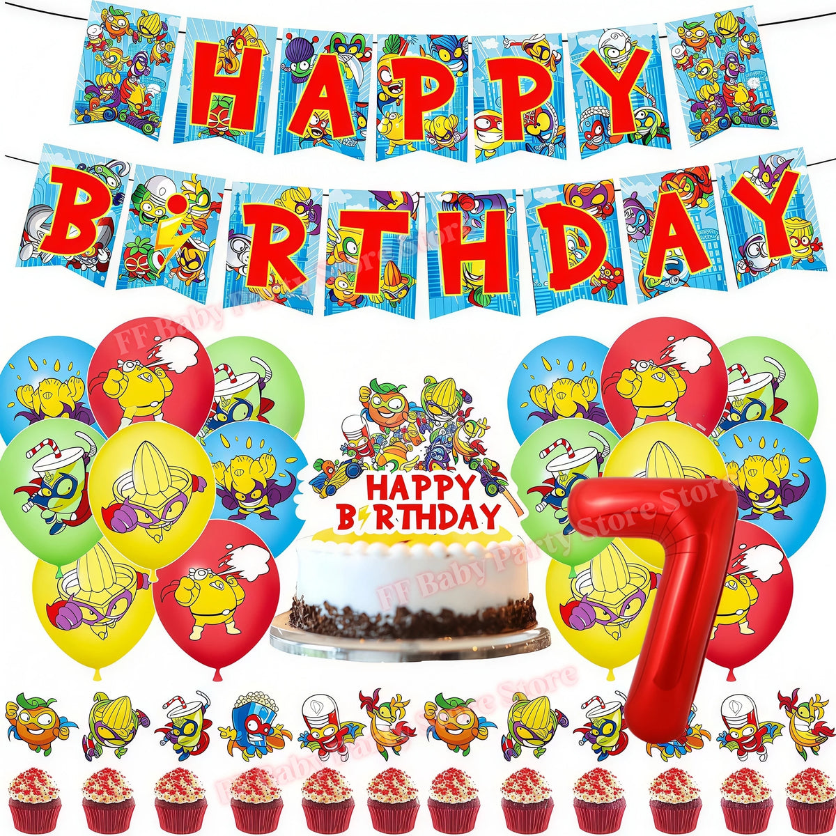 Superthings Party Balloons, Cake Toppers & Backdrop Set – 6pcs Party Decoration Set Babs 31pcs number-7 others