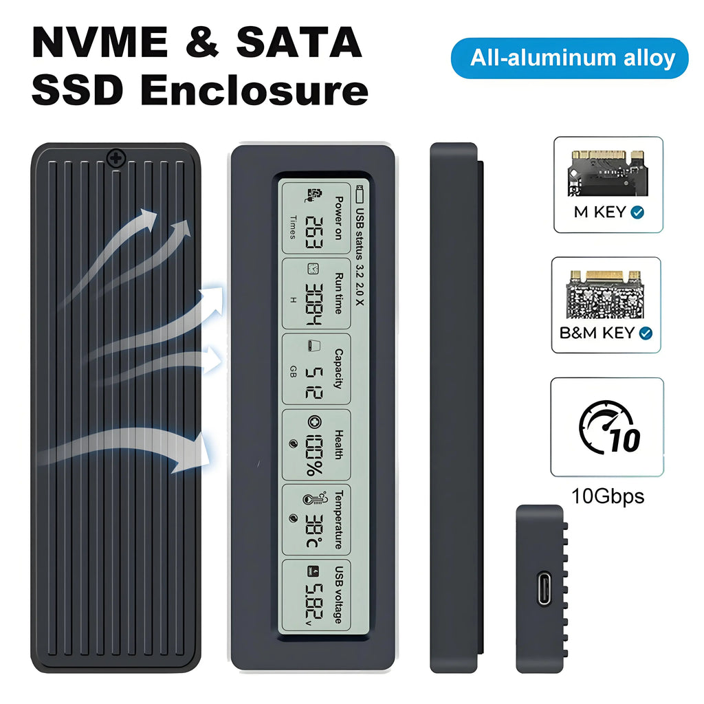 M.2 NVMe SATA SSD Enclosure Smart Display 10Gbps USB 3.2 Gen 2 SSD Enclosure Babs