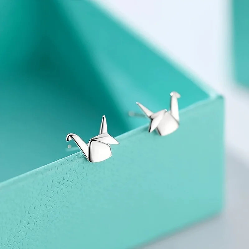 Origami Crane Stud Earrings – Silver-Plated Copper Pair Stud Earrings Babs