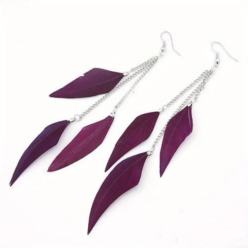 Silver Feather Drop Earrings for Women – Boho Long Dangle Drop Earrings Babs purple