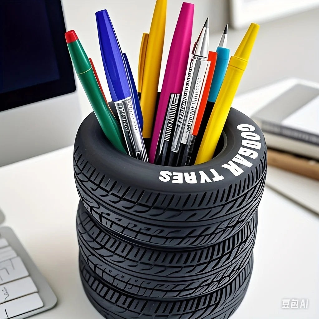 Tire Shaped Pen Holder – Black PVC Desktop Organizer Desktop Pen Holder Babs