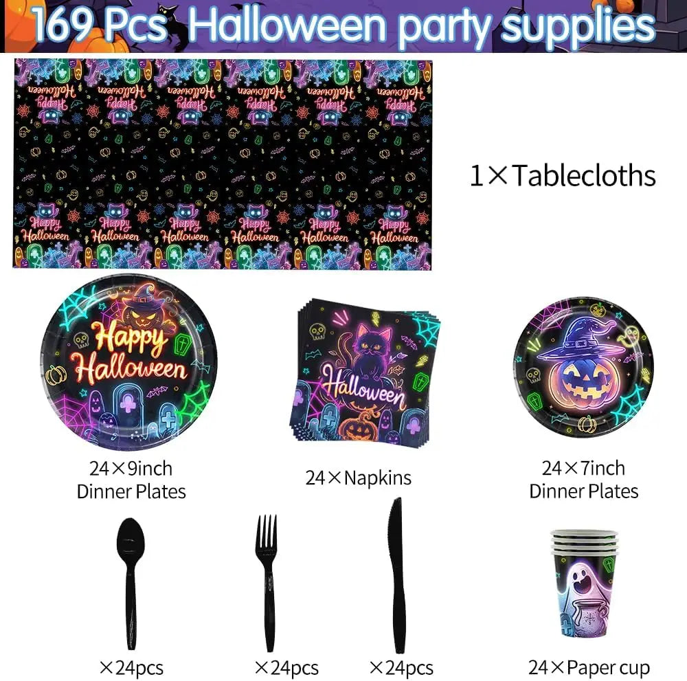 Fluorescent Halloween Party Tableware Set – Plates, Napkins & Tablecloth Disposable Party Tableware Babs