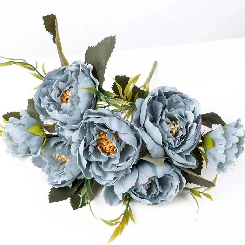 5-Head Silk Peony Artificial Flowers for Home & Wedding Decor Artificial Silk Flowers Babs Blue 3PC