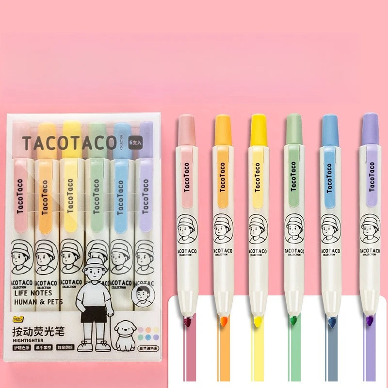 Retractable Highlighter Pens 6-Pack | Pastel Cartoon Colors Highlighter Pen Set Babs A