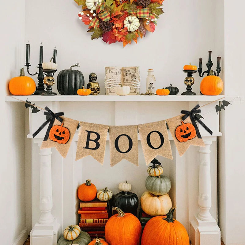 Halloween Burlap BOO Pumpkin Banner – Rustic Bunting Garland Halloween Bunting Banner Babs