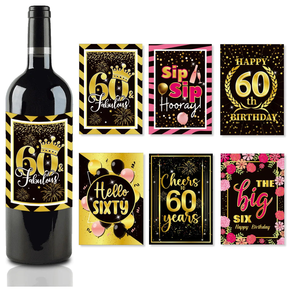 6pcs Black Gold 60th Birthday Water Bottle Labels & Stickers Birthday Party Stickers Babs