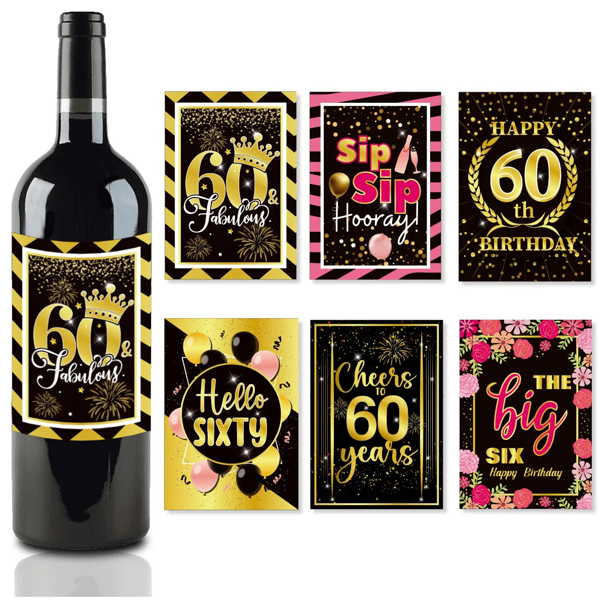 6pcs Black Gold 60th Birthday Water Bottle Labels & Stickers Birthday Party Stickers Babs