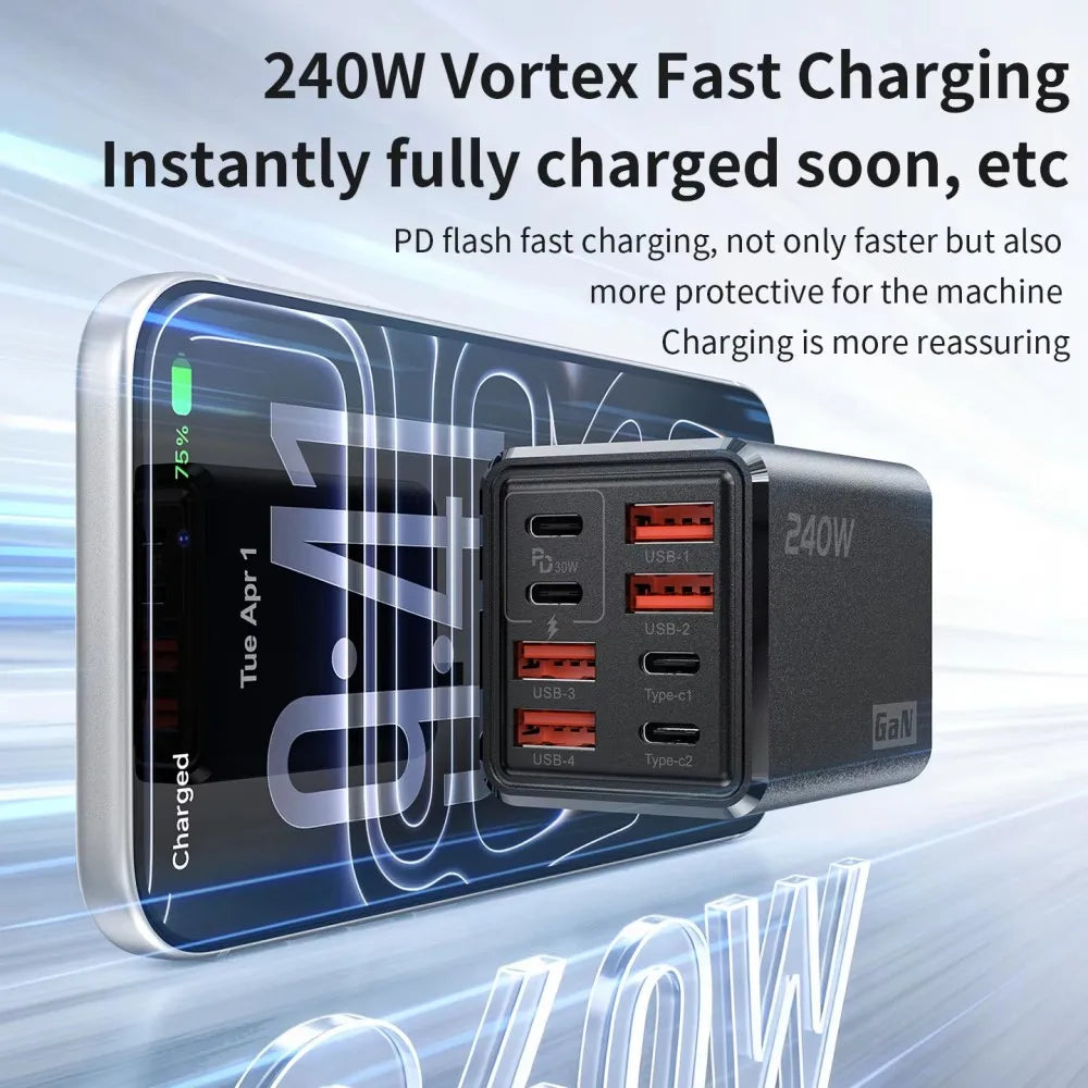 KEBIDUMEI 240W 8-in-1 GaN Desktop Charger USB-C Fast Charge GaN Desktop Charger Babs