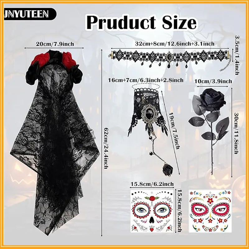 Gothic Dia de los Muertos Lace Rose Necklace & Bracelet Set Costume Jewelry Set Babs