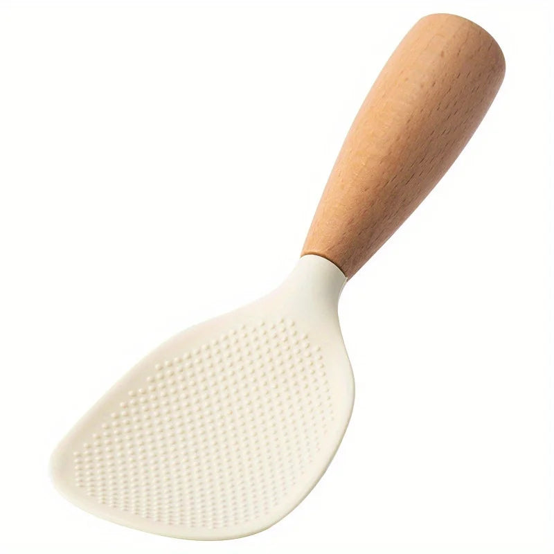 Non-Stick Silicone Rice Spoon – Wooden Handle Stand-Up Design Silicone Rice Spoon Babs White