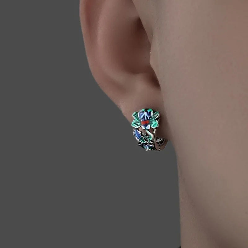 Thai Silver Peony Flower Hoop Earrings – Unisex Ethnic Style Hoop Earrings Babs