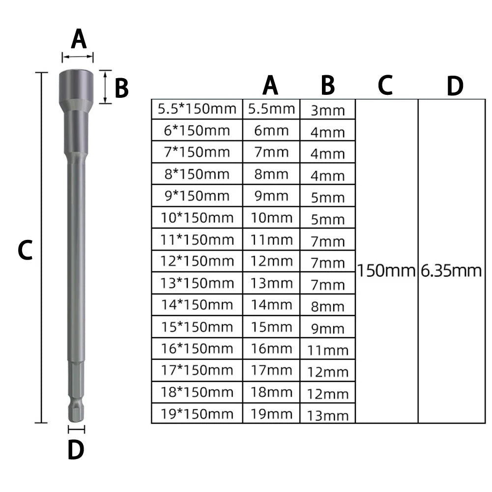 150mm Magnetic Hex Nut Driver Socket Wrench Extension 6–19mm Socket Wrench Extension Babs