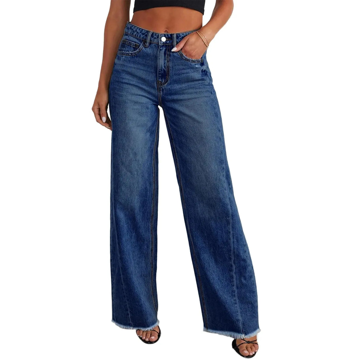 Women's Retro High Waist Straight Leg Distressed Jeans Women's Denim Jeans Babs Royal Blue L