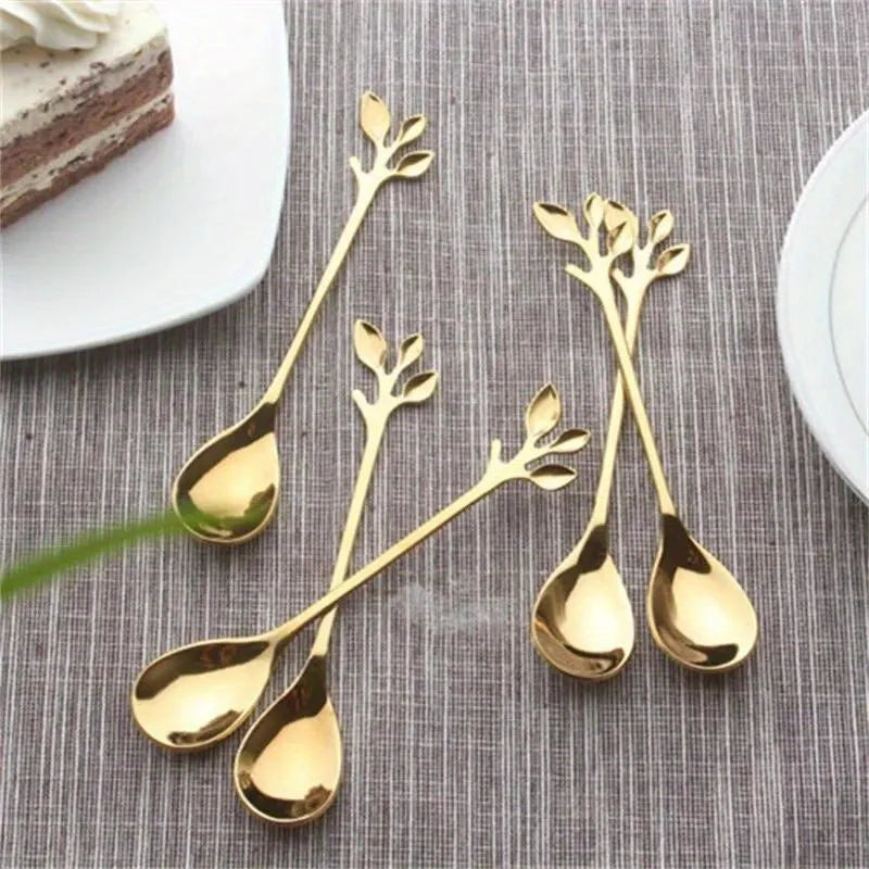 6-Piece Gold Leaf Stainless Steel Coffee & Tea Spoon Set Decorative Spoon Set Babs