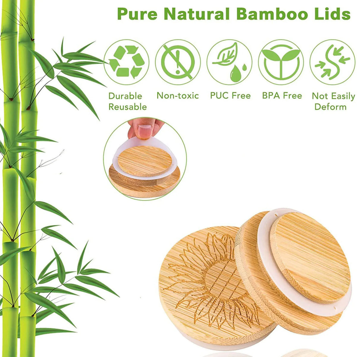 Bamboo Wood Jar Lid with Silicone Seal – Reusable, 1 PC Jar Lid Cover Babs