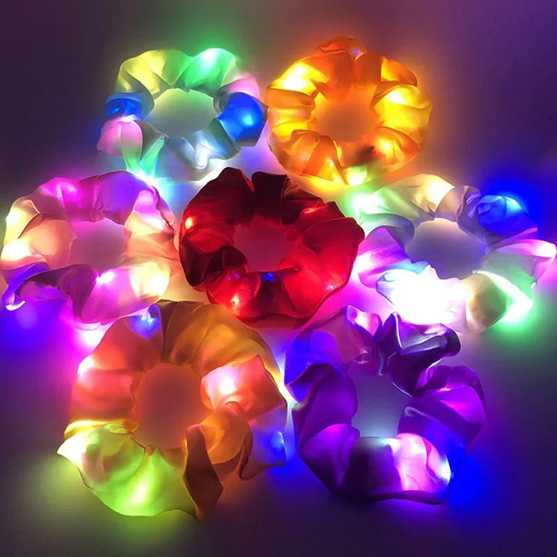 20pcs LED Glow Satin Hair Scrunchies – Light-Up Party Set LED Hair Scrunchies Babs