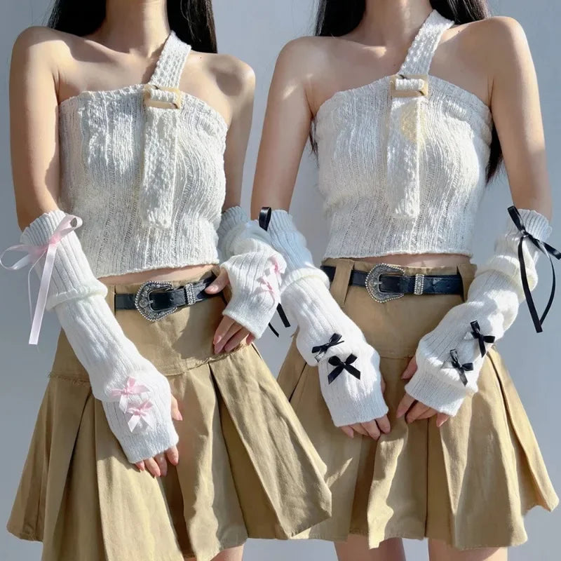 Y2K Bow Knit Arm Warmers – Women's Half Finger Mittens Knit Arm Warmers Babs