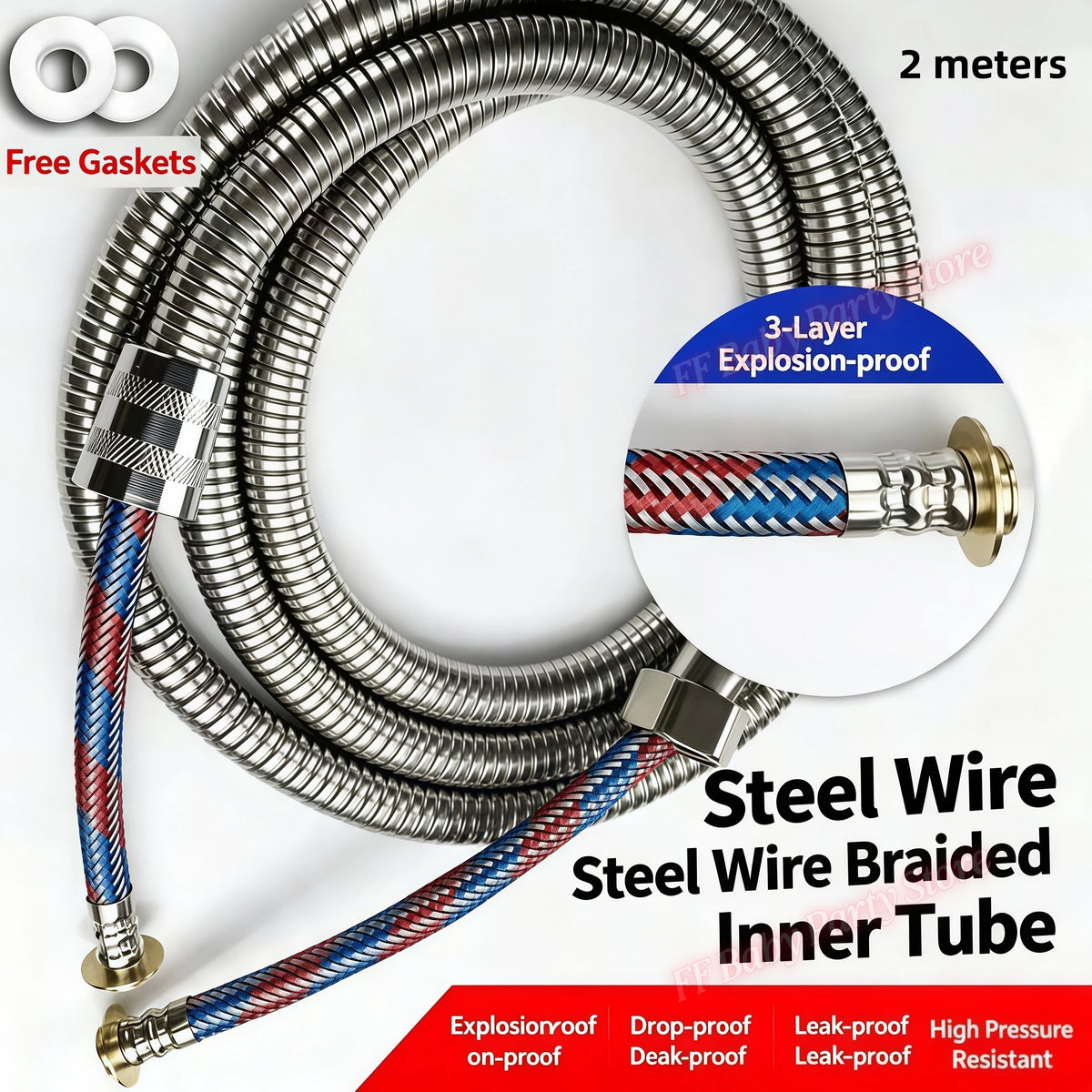 Flexible Stainless Steel Shower Hose – Waterproof Bathroom Pipe Shower Plumbing Hose Babs 2 meters 2