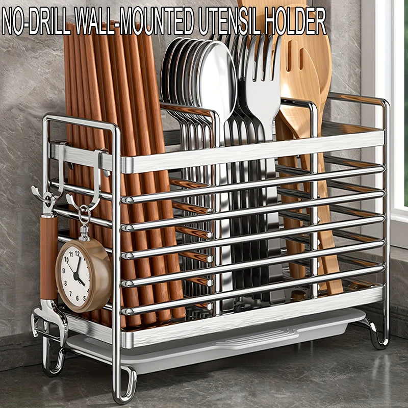 No-Drill Wall-Mounted Stainless Steel Utensil Holder & Rack Kitchen Utensil Holder Babs