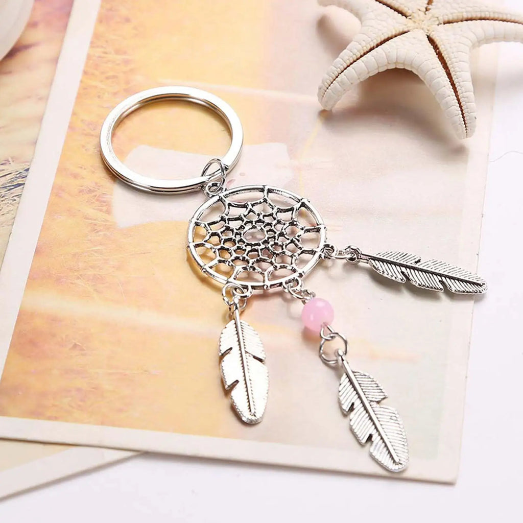 Bohemian Dreamcatcher Keychain – Pink Beads & Feathers Decorative Keychain Babs