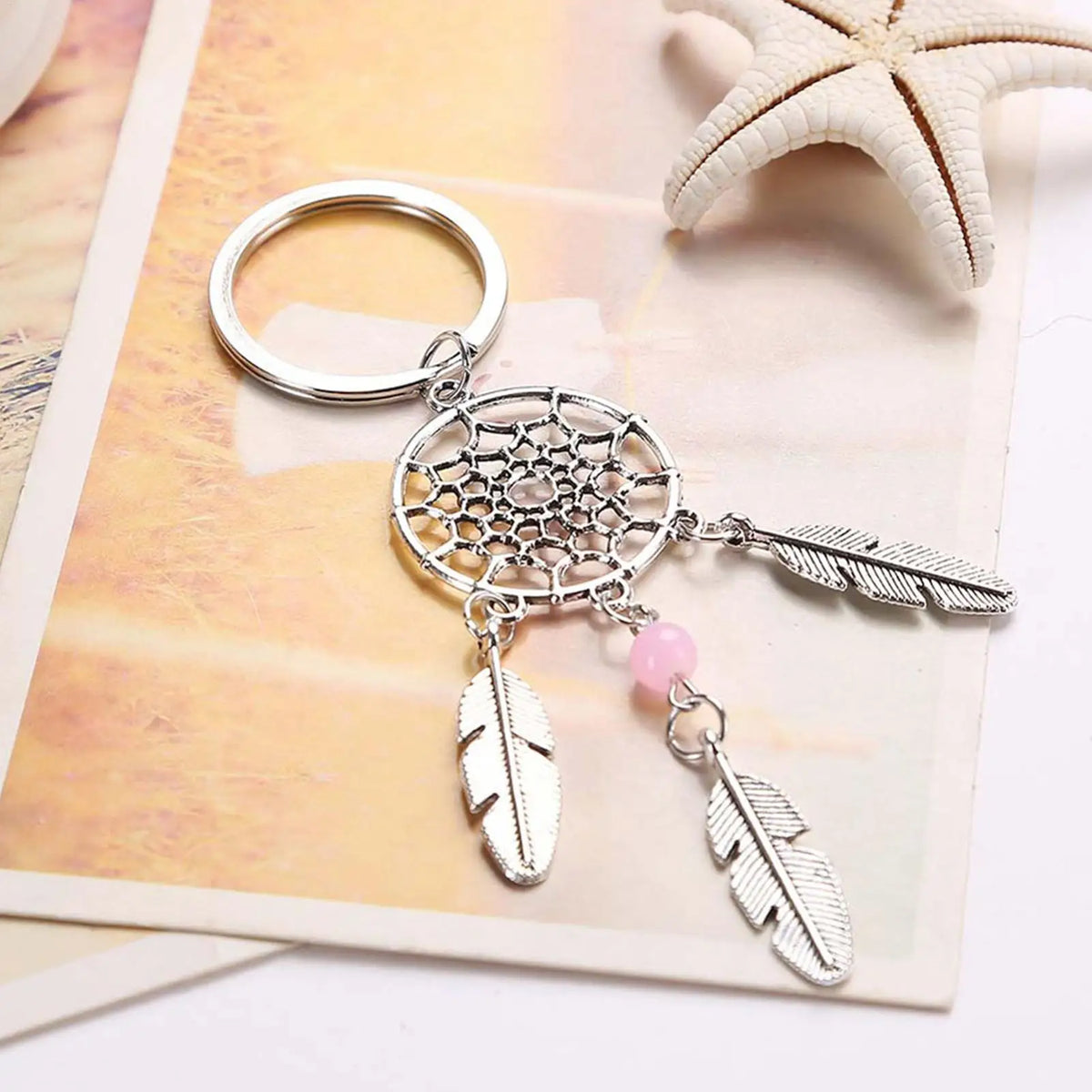 Bohemian Dreamcatcher Keychain – Pink Beads & Feathers Decorative Keychain Babs