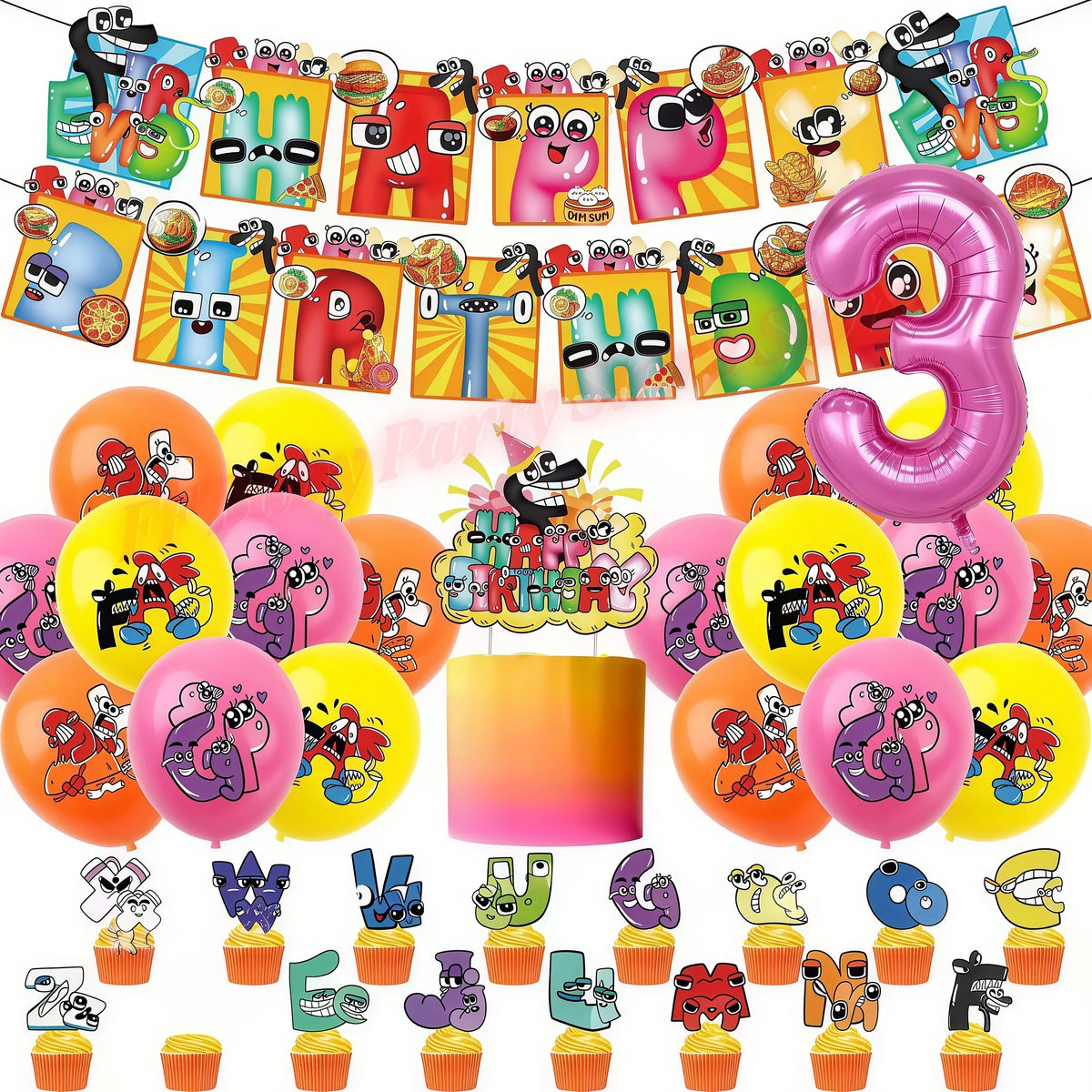 Alphabet Lore Birthday Party Supplies – Balloons & Backdrop Set Party Decoration Set Babs 1set-Number 3 12inch