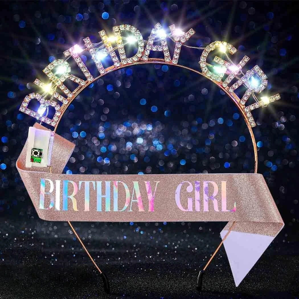 Light Up Birthday Crown & Sash Set – LED Rhinestone Headband Party Crown Sash Set Babs Rose Gold