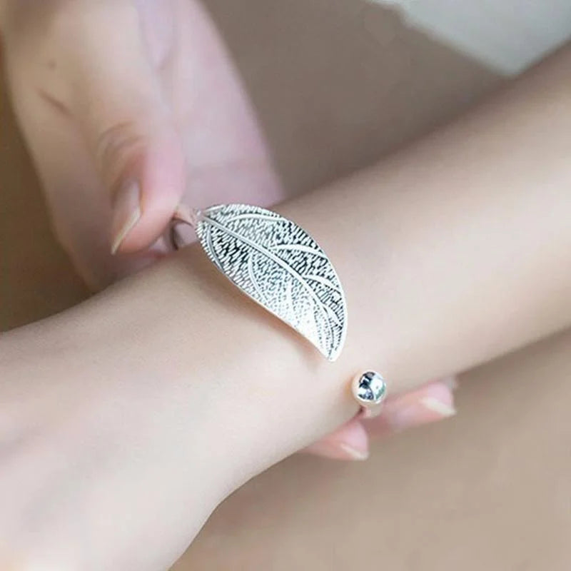 Women's Silver Leaf Cuff Bangle | Open Plant Bracelet Cuff Bangle Bracelet Babs